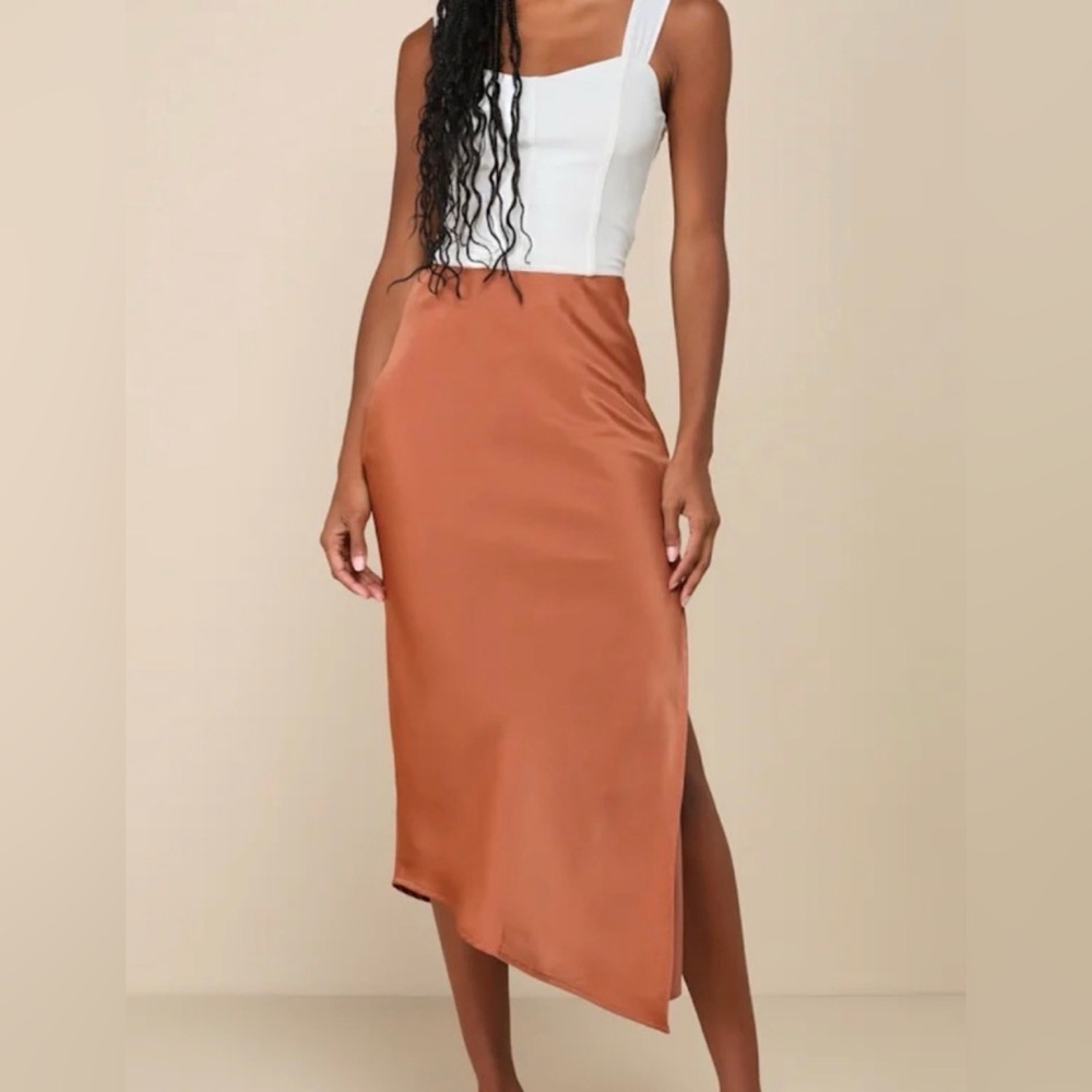 Lulus Brown Satin High-Rise Asymmetrical MIDI Skirt